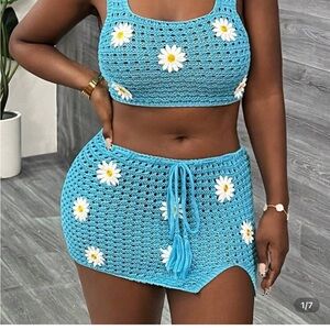 Crochet Skirt Set in Blue with flower Design